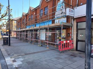Scaffolding on building prior to demolition