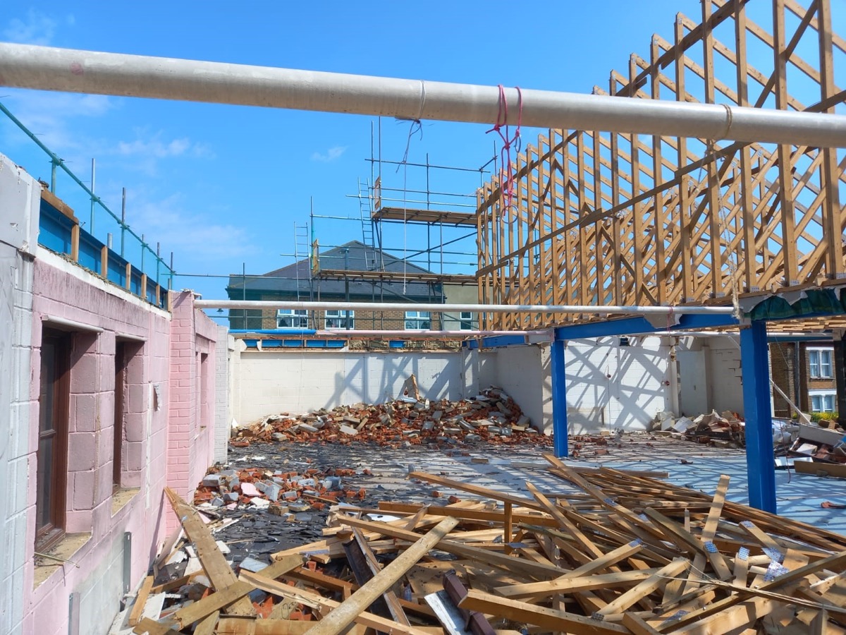 Wood piles following demolition